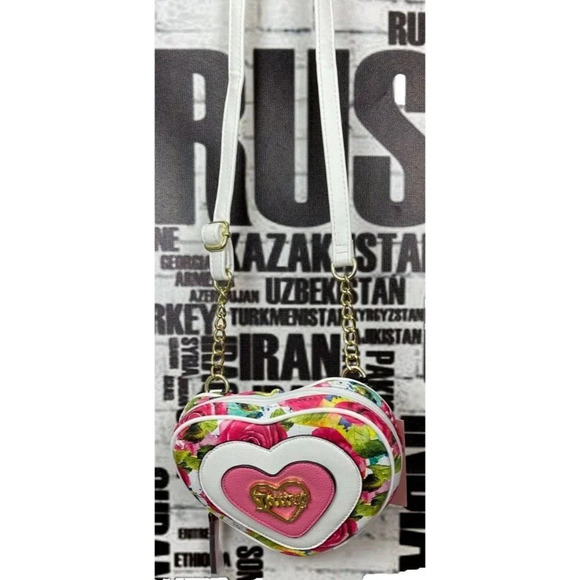 Juicy Couture Logo Floral Print Heart Shaped Faux Leather Zip Closure Crossbody - Picture 4 of 7